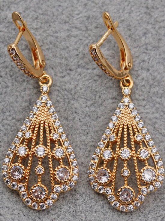 Jewelry - 18K Yellow Gold Filled Filigree Teardrop White Diamond Zircon Dangle Earrings
